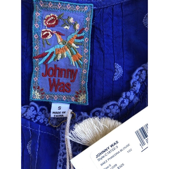 NWT Johnny Was Sz S Silky Cobalt Blue Tunic Top Embroidered Eyelet Lace Summer - Picture 12 of 12